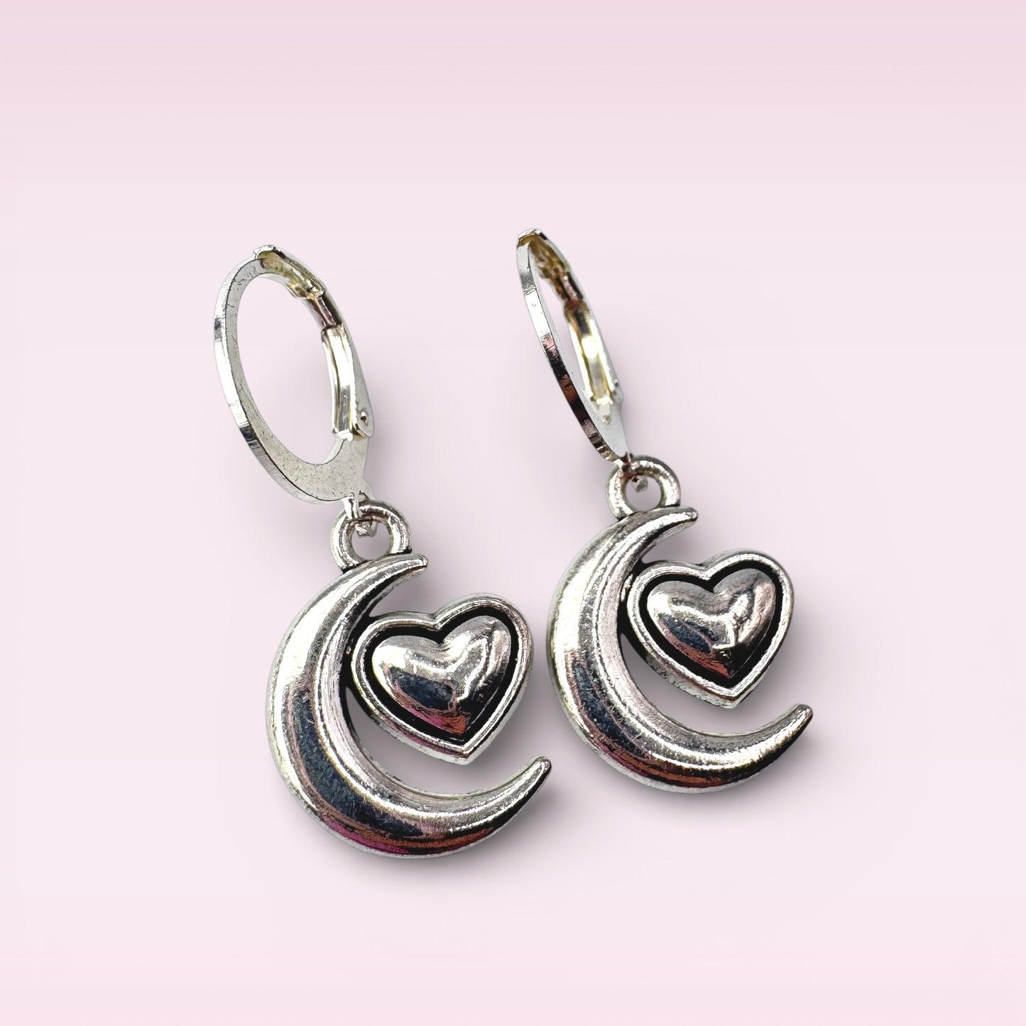 Silver Moon & Heart Drop Earrings