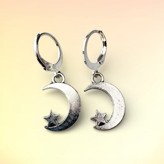 Silver Moon & Star Drop Earrings