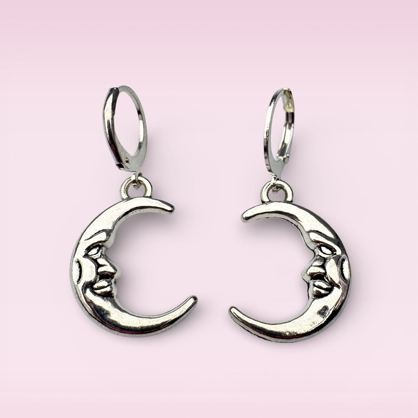 Silver Crescent Moon Face Drop Earrings