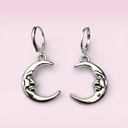 Silver Crescent Moon Face Drop Earrings