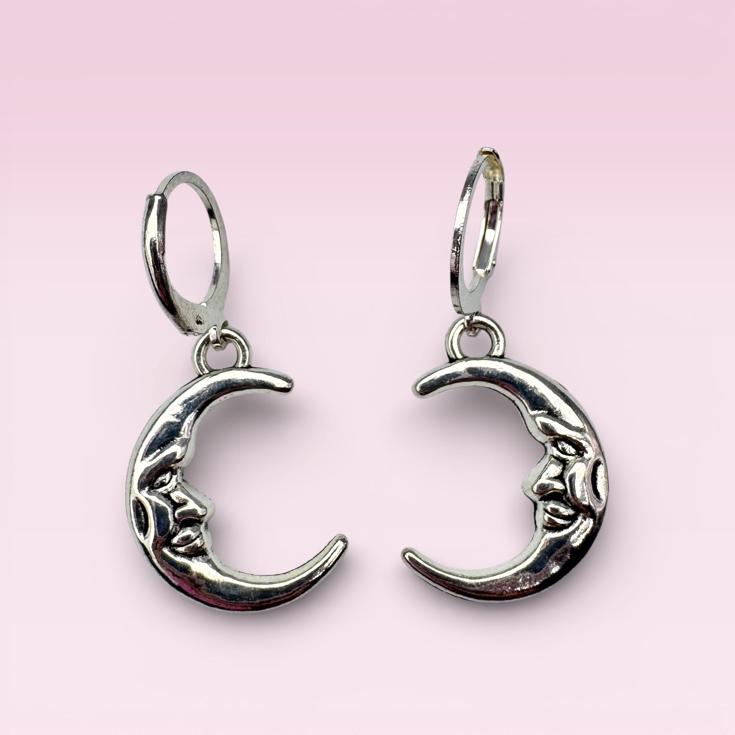 Silver Crescent Moon Face Drop Earrings