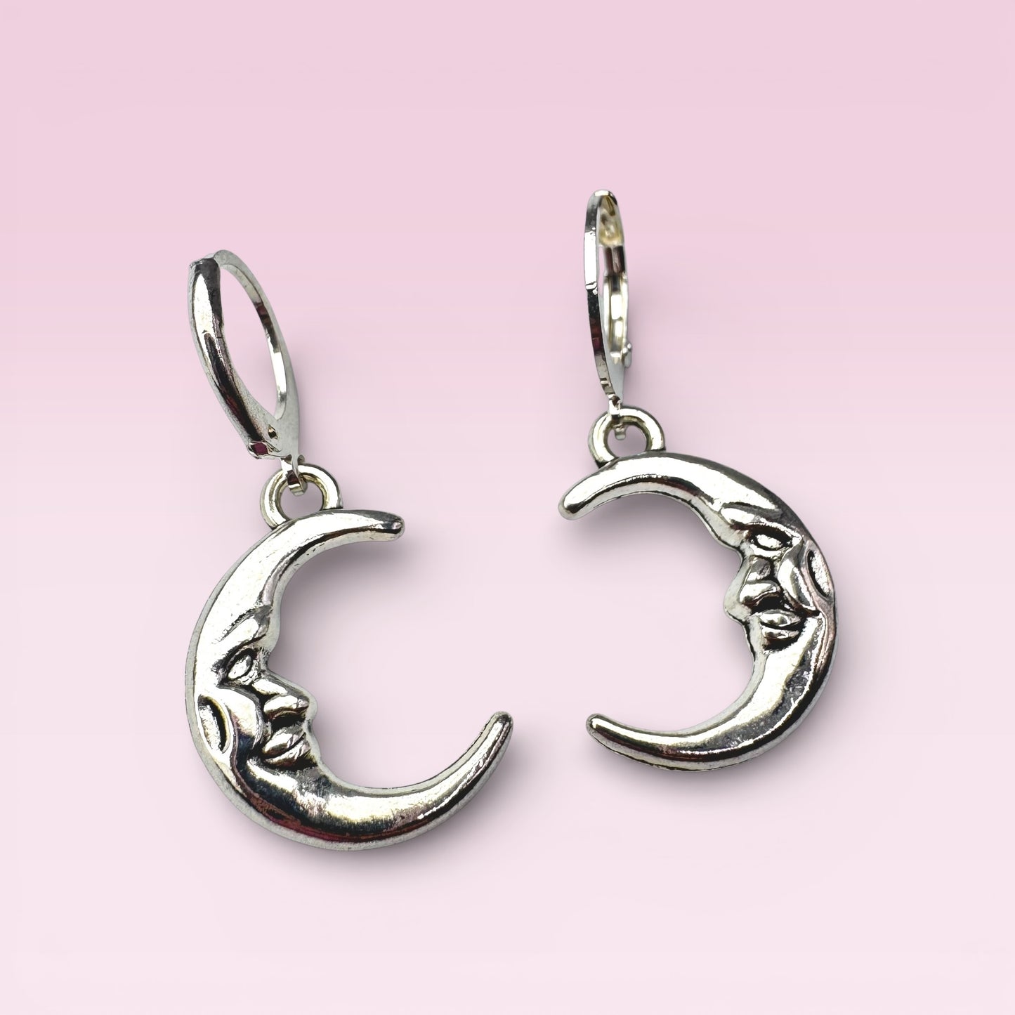 Silver Crescent Moon Face Drop Earrings