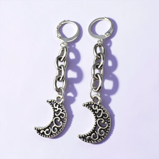 Silver Crescent Moon Chain Drop Earrings