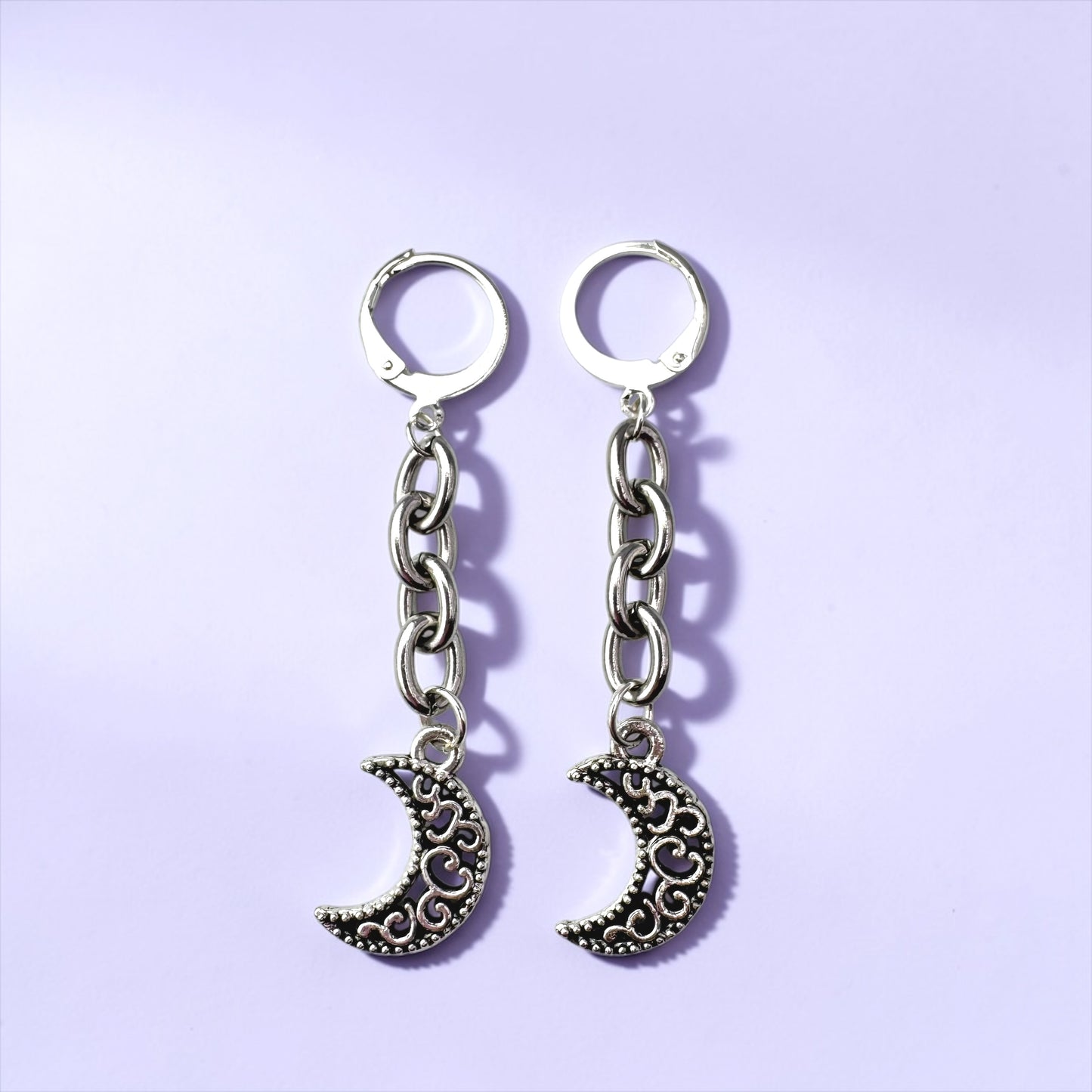 Silver Crescent Moon Chain Drop Earrings