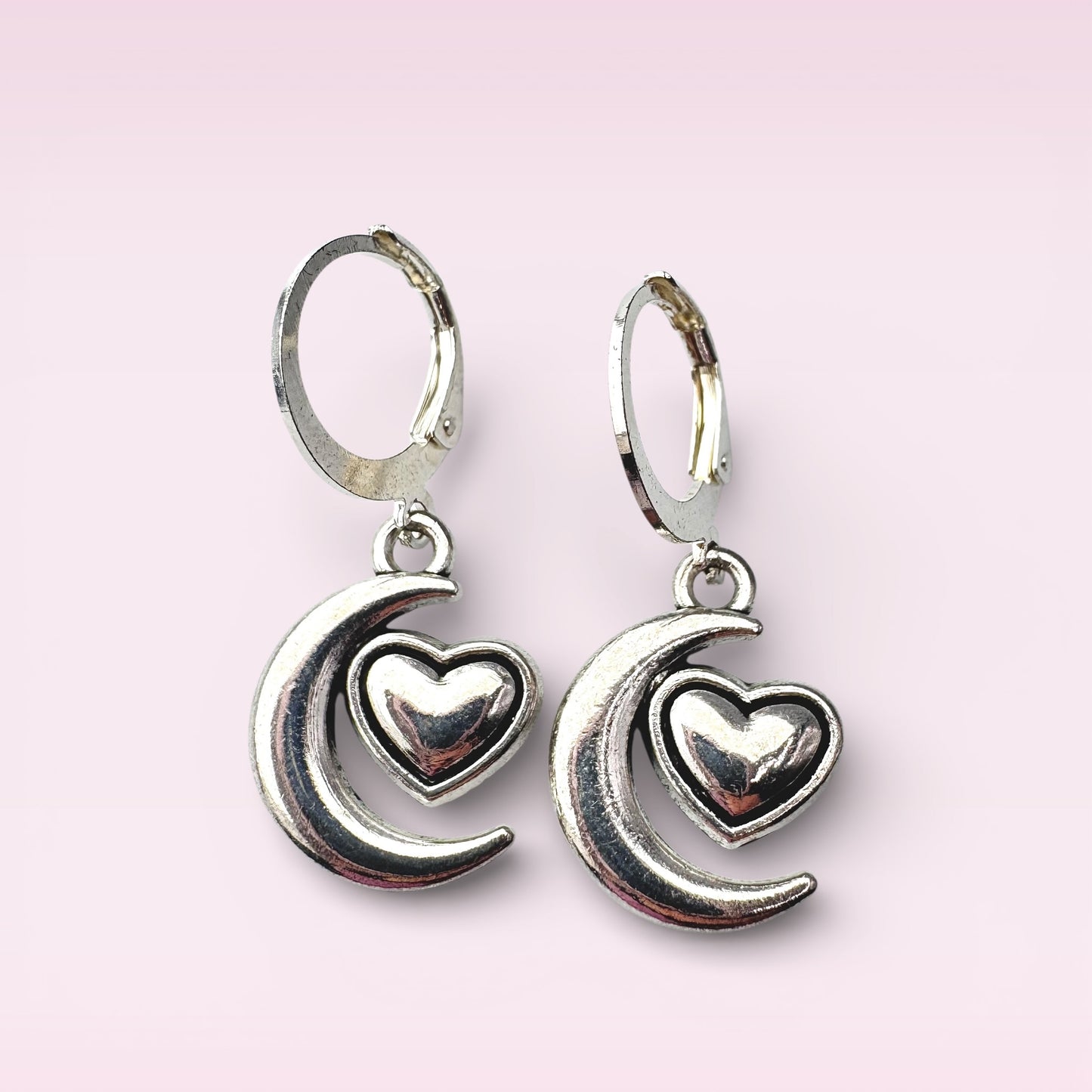 Silver Moon & Heart Drop Earrings