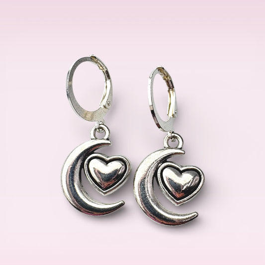 Silver Moon & Heart Drop Earrings